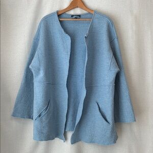 Eileen Fisher Iced Blue Boiled Wool Round Neck Open Front Cardigan Sz L